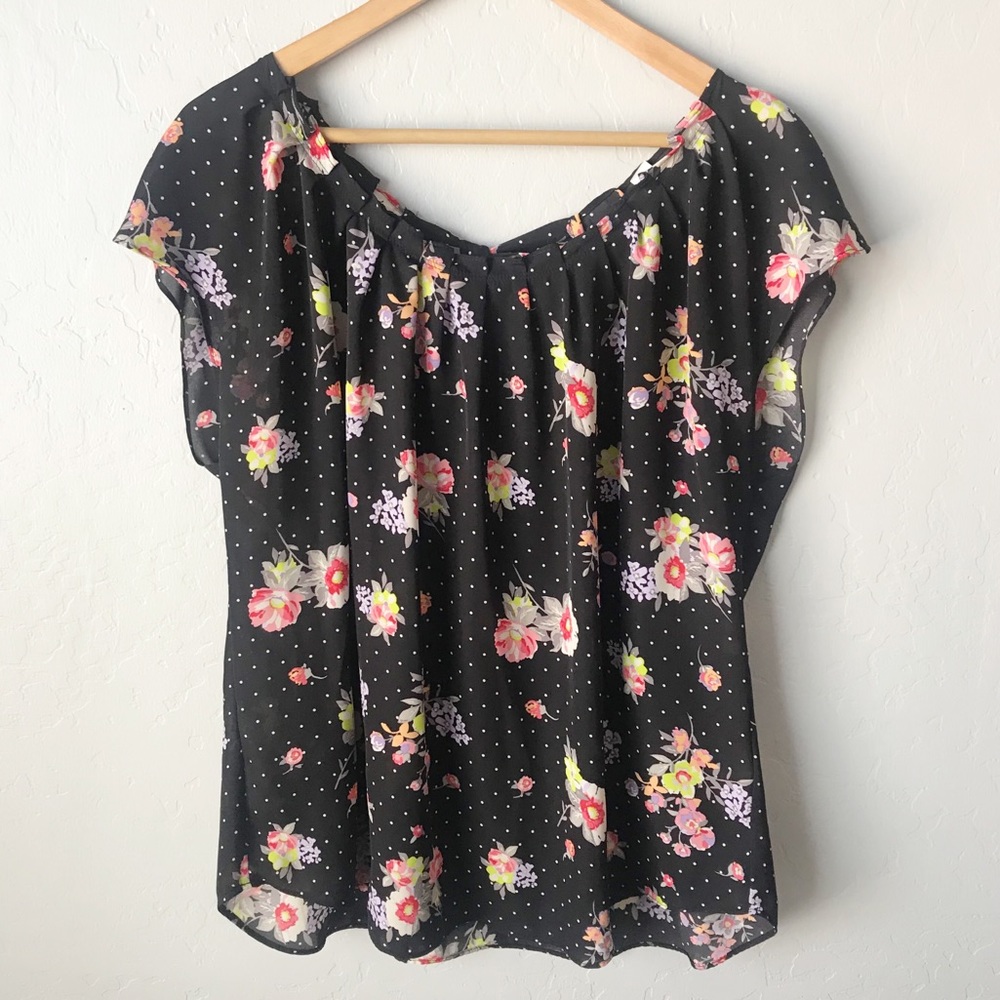 Lauren Conrad Black Polka Dot & Floral Blouse